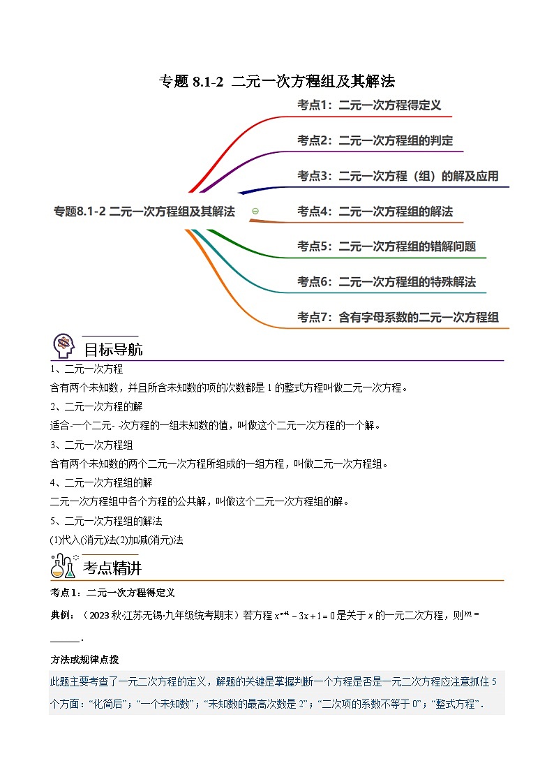 2024年人教版数学七年级下册同步讲义+练习专题8.1-2 二元一次方程组及其解法（学生版）第1页