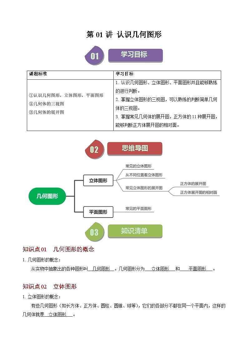 人教版数学七年级上册同步讲义+练习第四章第01讲 几何图形的认识（解析版）第1页