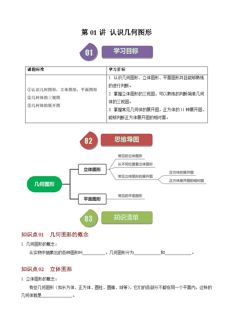 人教版数学七年级上册同步讲义+练习第四章第01讲 几何图形的认识（原卷版）第1页