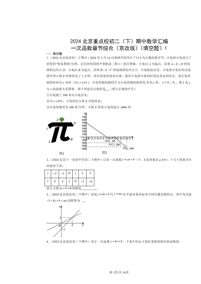 2024北京重点校初二下学期期中真题数学分类汇编：一次函数章节综合（京改版）（填空题）1第1页