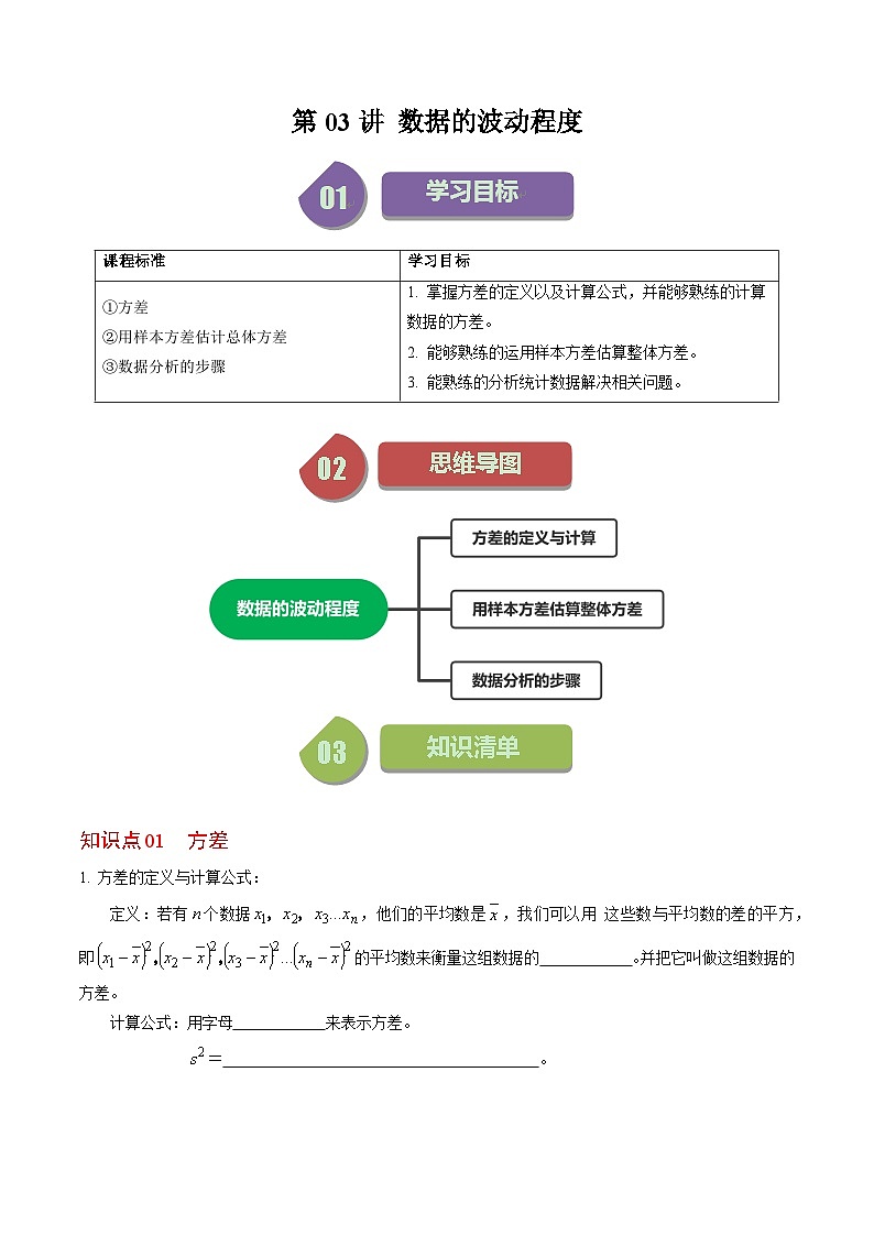 人教版数学八年级下册同步讲义+练习第二十章第03讲 数据的波动程度（3个知识点+6类热点题型讲练+习题巩固）（原卷版）第1页