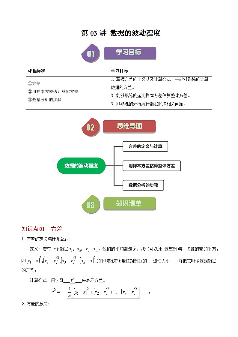 人教版数学八年级下册同步讲义+练习第二十章第03讲 数据的波动程度（3个知识点+6类热点题型讲练+习题巩固）（解析版）第1页