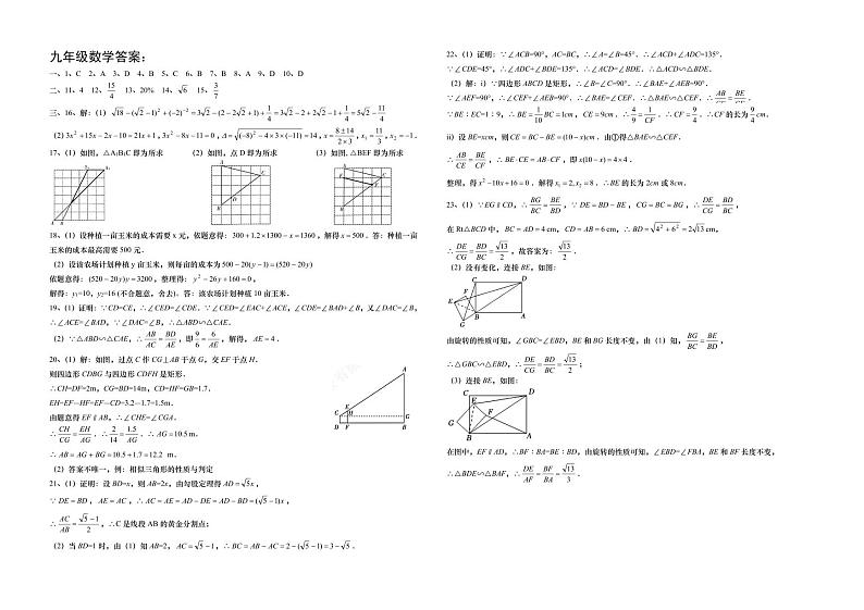 九年级数学答案1第1页