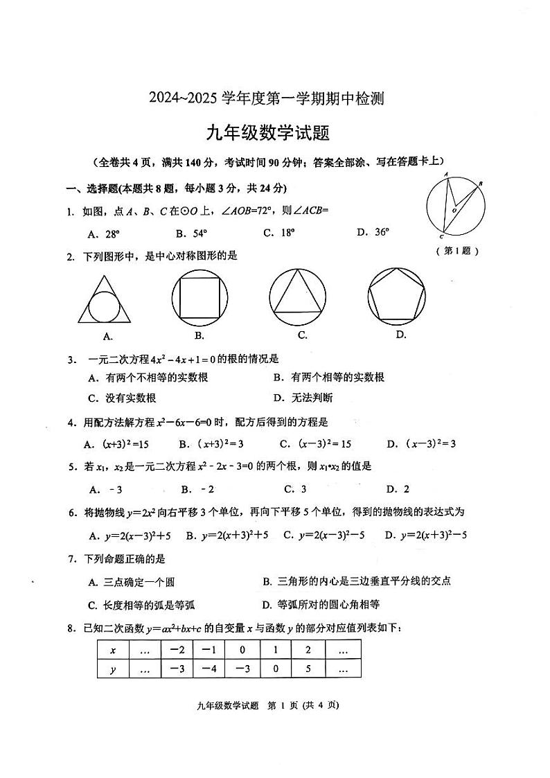 江苏省徐州市2024—2025学年上学期期中检测九年级数学试题第1页