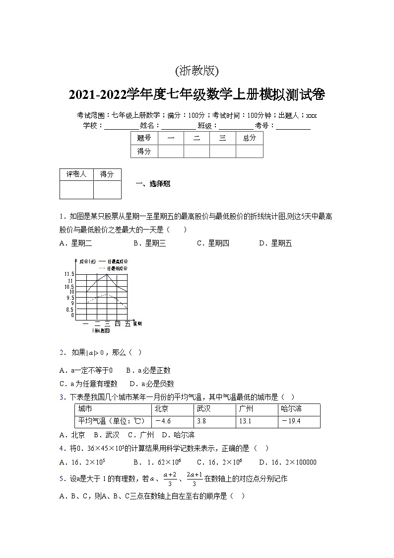 浙教版2021-2022学年度七年级数学上册模拟测试卷  (172)【含简略答案】第1页