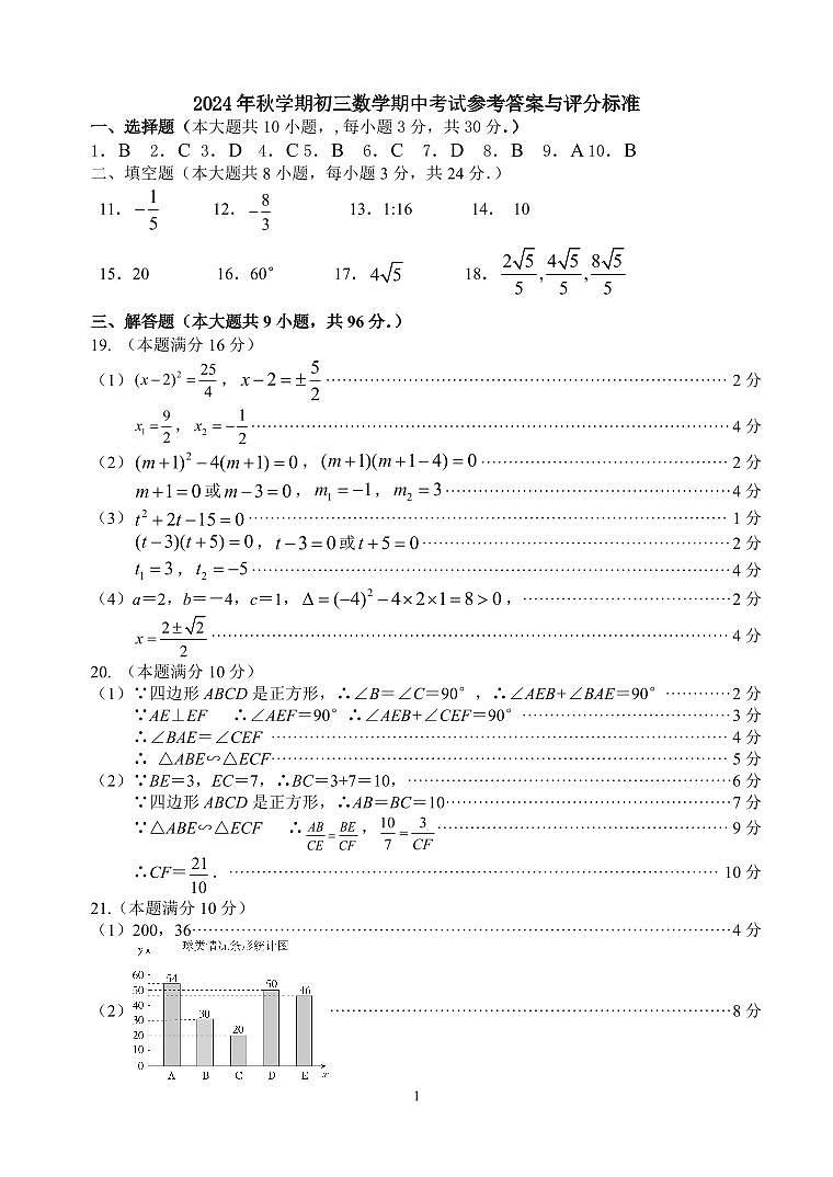 宜兴2024秋学期九年级数学期中试卷答案及评分标准2024.11第1页