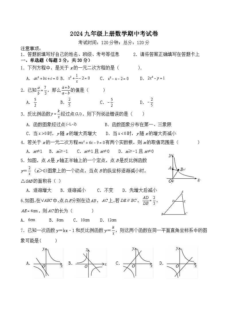 2024九年级上册数学期中考试试卷第1页