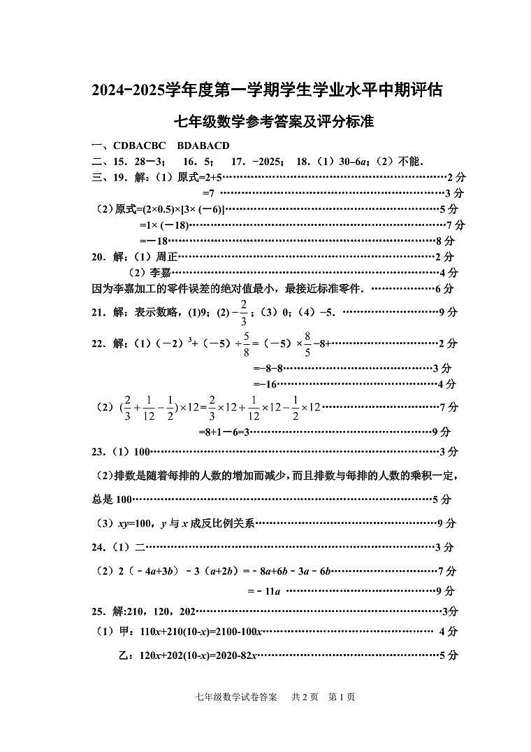 河北省唐山市古冶区2024—2025学年上学期期中考试七年级数学试卷01