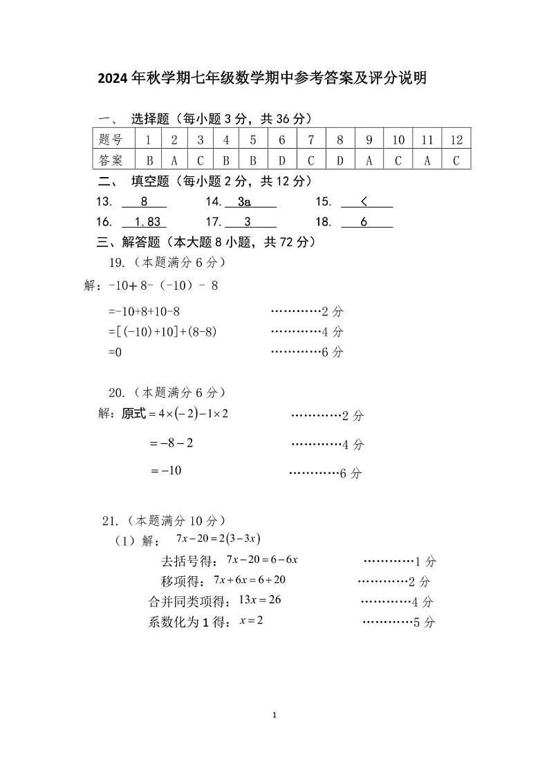 2024年秋学期七年级数学期中考试参考答案及评分说明(1)第1页