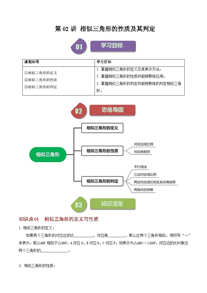 人教版数学九年级下册同步讲义练习第27章第02讲  相似三角形及其性质（原卷版）第1页