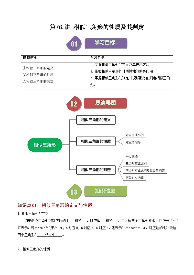人教版数学九年级下册同步讲义练习第27章第02讲  相似三角形及其性质（解析版）第1页