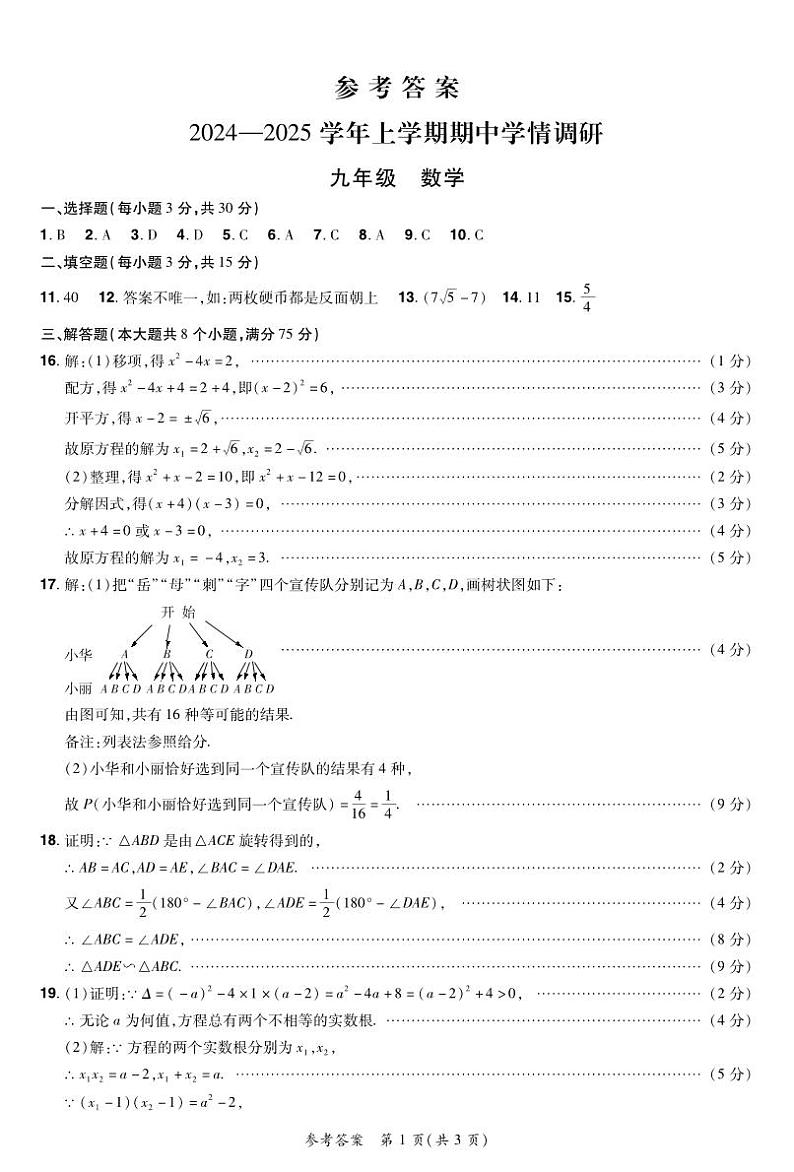 河南省郑州市登封市嵩阳中学2024—2025学年九年级上学期期中考试数学试卷01