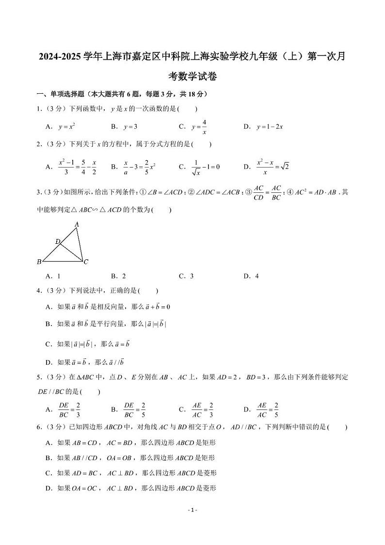2024-2025学年上海市嘉定区中科院上海实验学校九年级（上）第一次月考数学试卷01