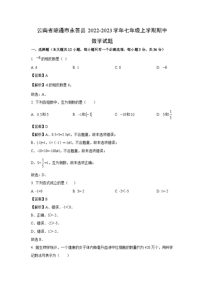 云南省昭通市永善县2022-2023学年七年级上学期期中数学试卷（解析版）第1页