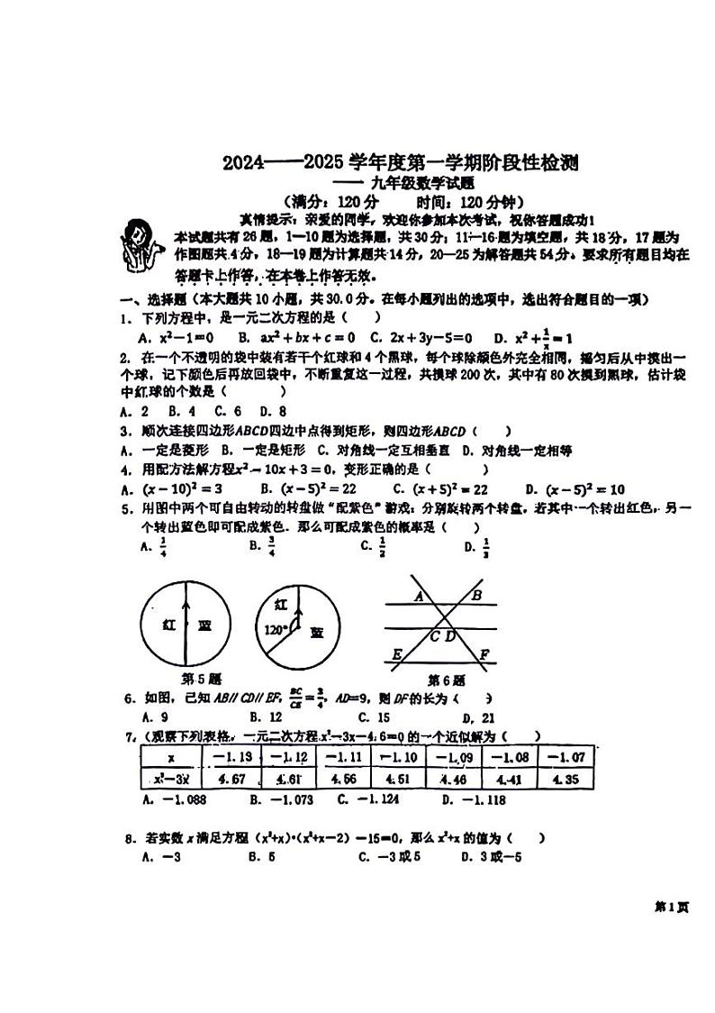 山东省青岛市市南区2024-2025学年九年级上学期期中考试数学试题第1页
