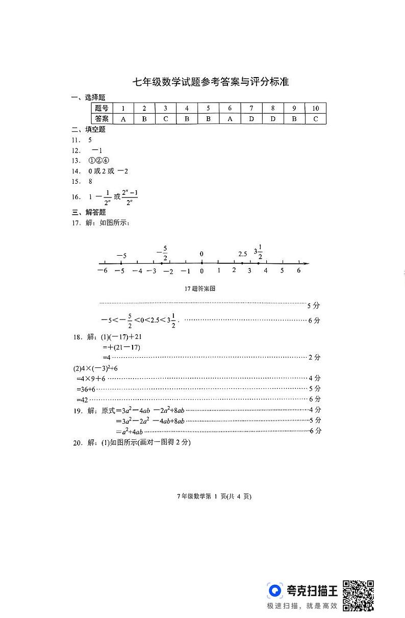 2024-2025学年山东省济南市槐荫区七年级上学期期中数学测试试卷答案第1页