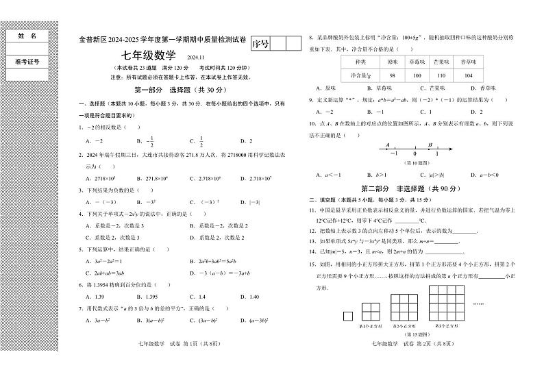 辽宁省大连市金普新区2024-2025学年七年级上学期期中数学试题第1页
