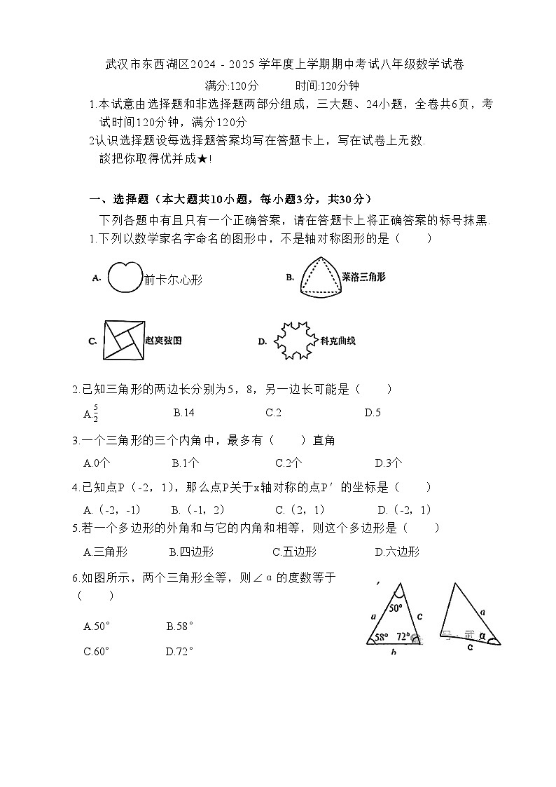 湖北省武汉市东西湖区2024-2025学年八年级上学期期中数学试卷01