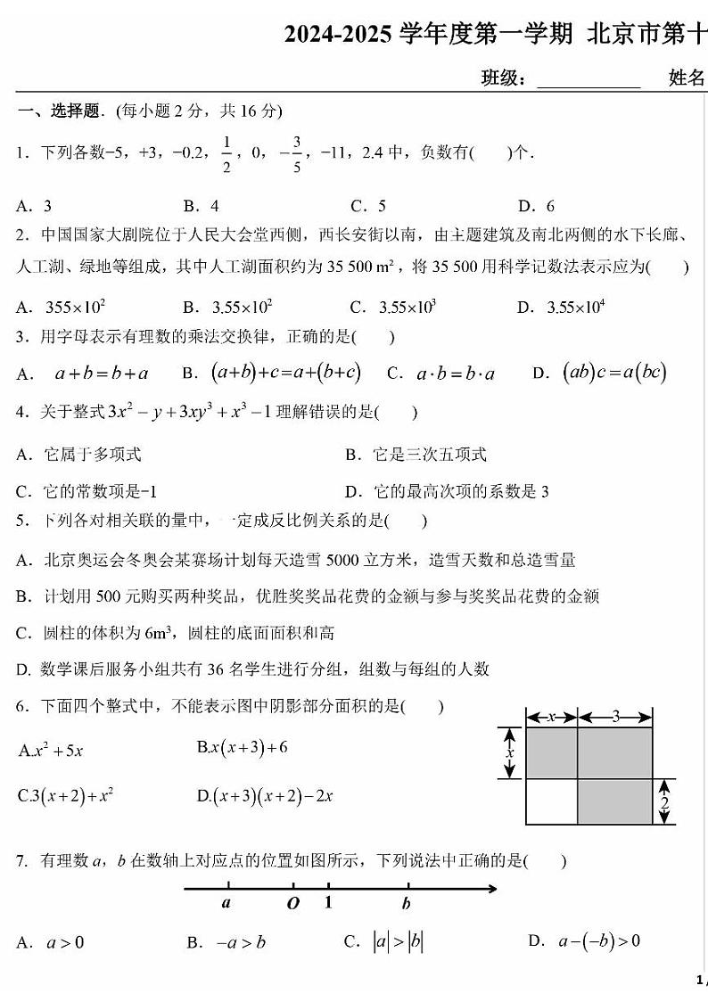 2024北京十五中初一（上）期中真题数学试卷第1页