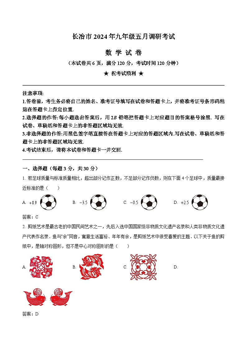 湖北省黄石市大冶市2024届九年级下学期五月调研考试数学试卷(含答案)01