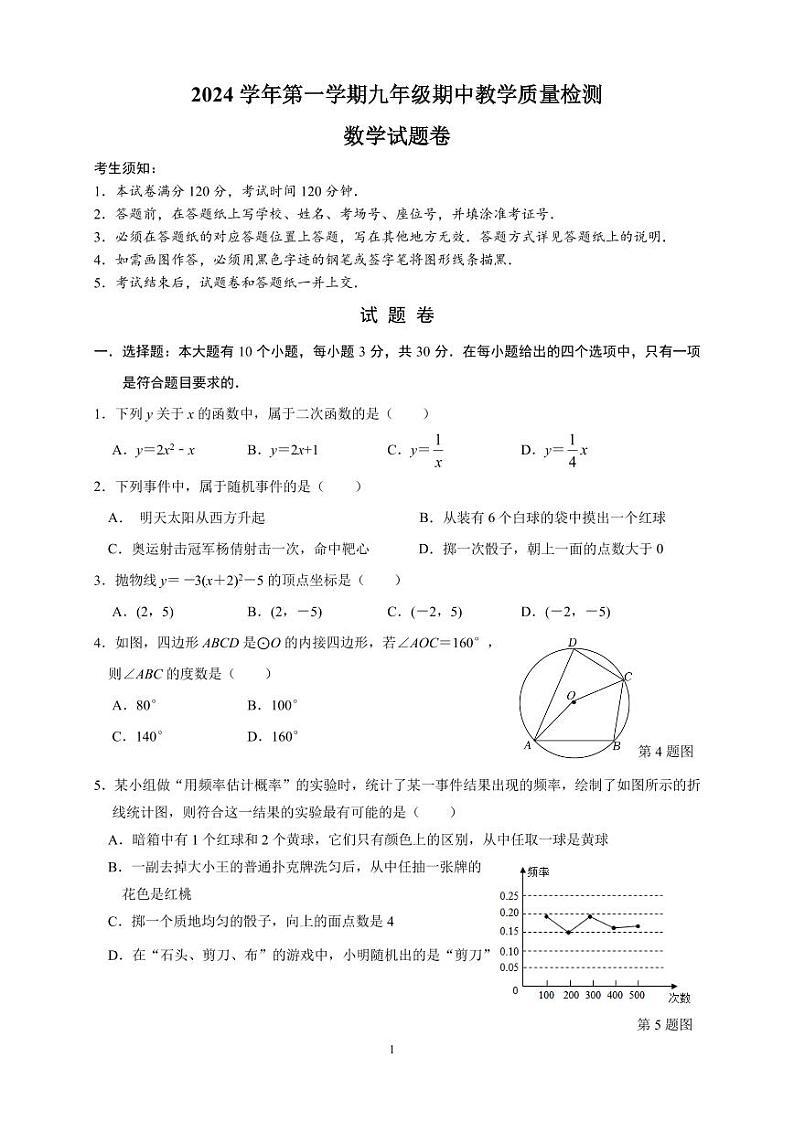 2024学年第一学期期中教学质量检测九年级数学试题卷第1页