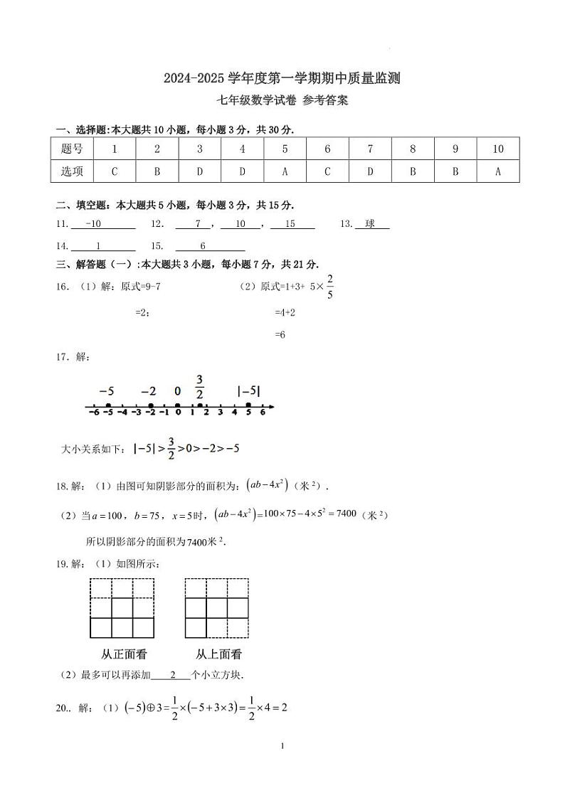 广东茂名茂南区部分学校2024年七年级上学期期中考试数学答案第1页