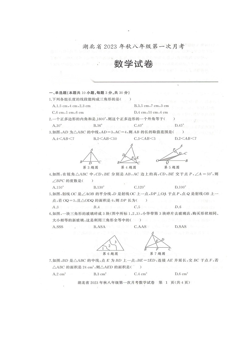 2023-2024学年湖北省部分学校八年级（上）第一次月考数学试卷.第1页