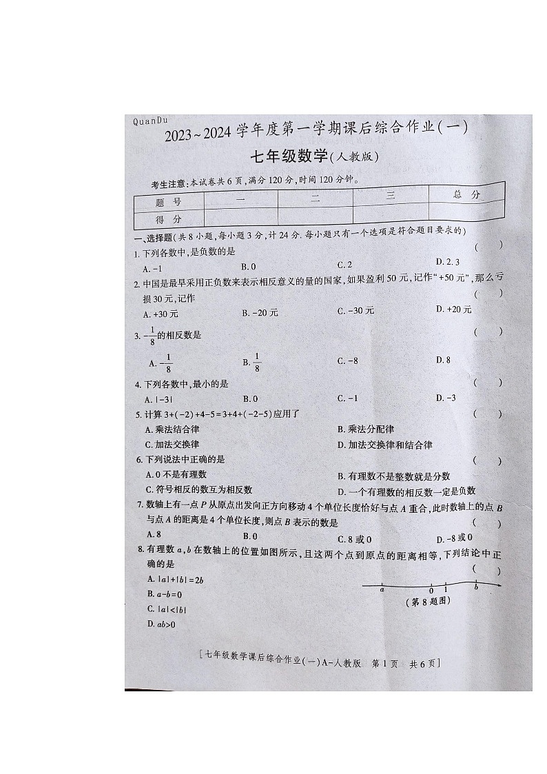 2023-2024学年陕西省商洛市商南县富水初级中学七年级（上）课后综合作业数学试卷（10月份）.第1页