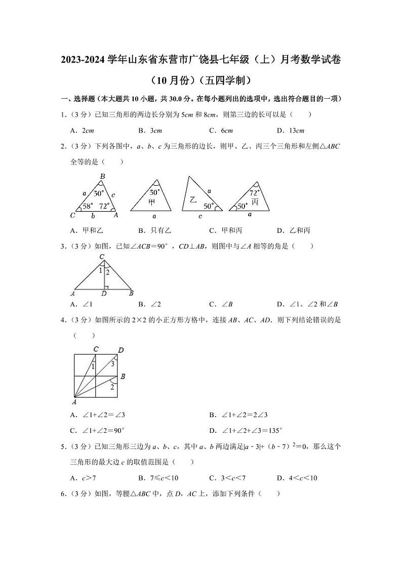 2023-2024学年山东省东营市广饶县七年级（上）月考数学试卷（10月份）（五四学制）第1页