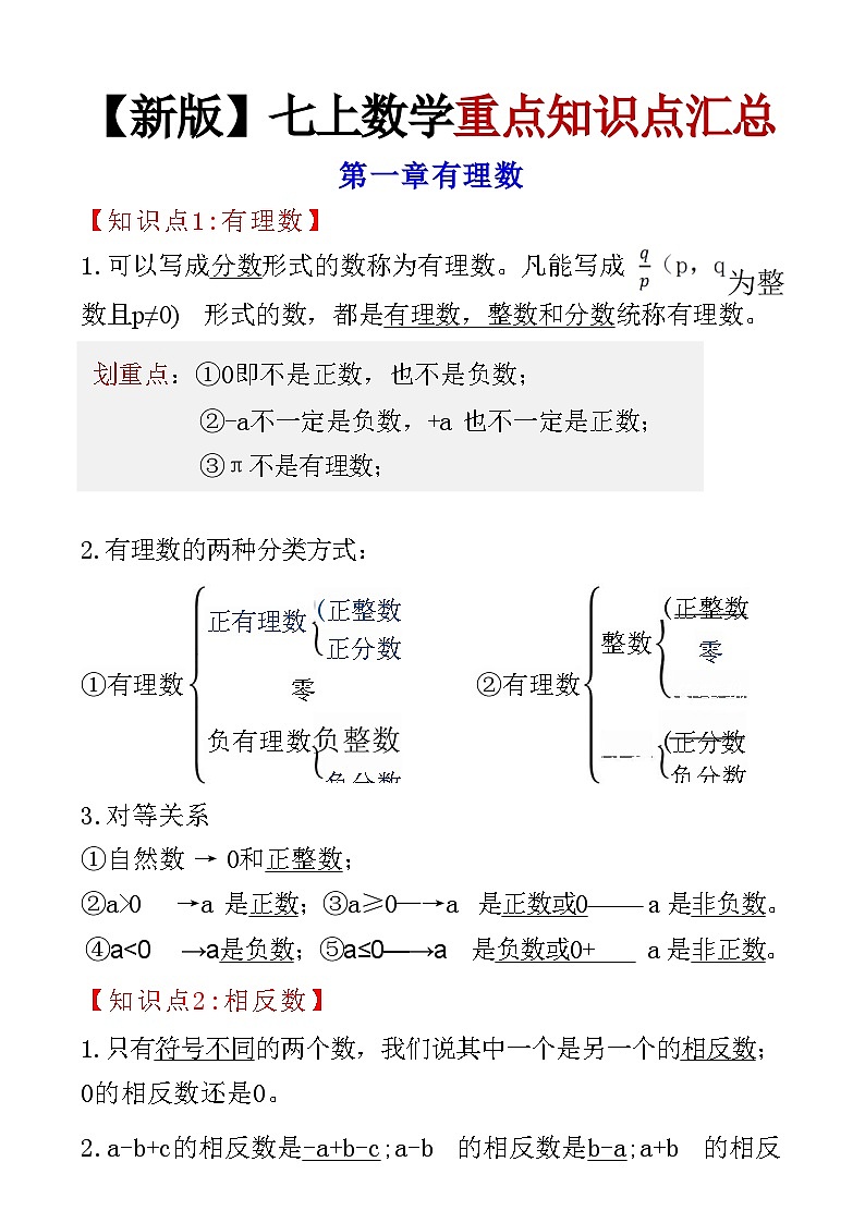 2024-2025学年新人教版七年级上册数学知识点总结第1页