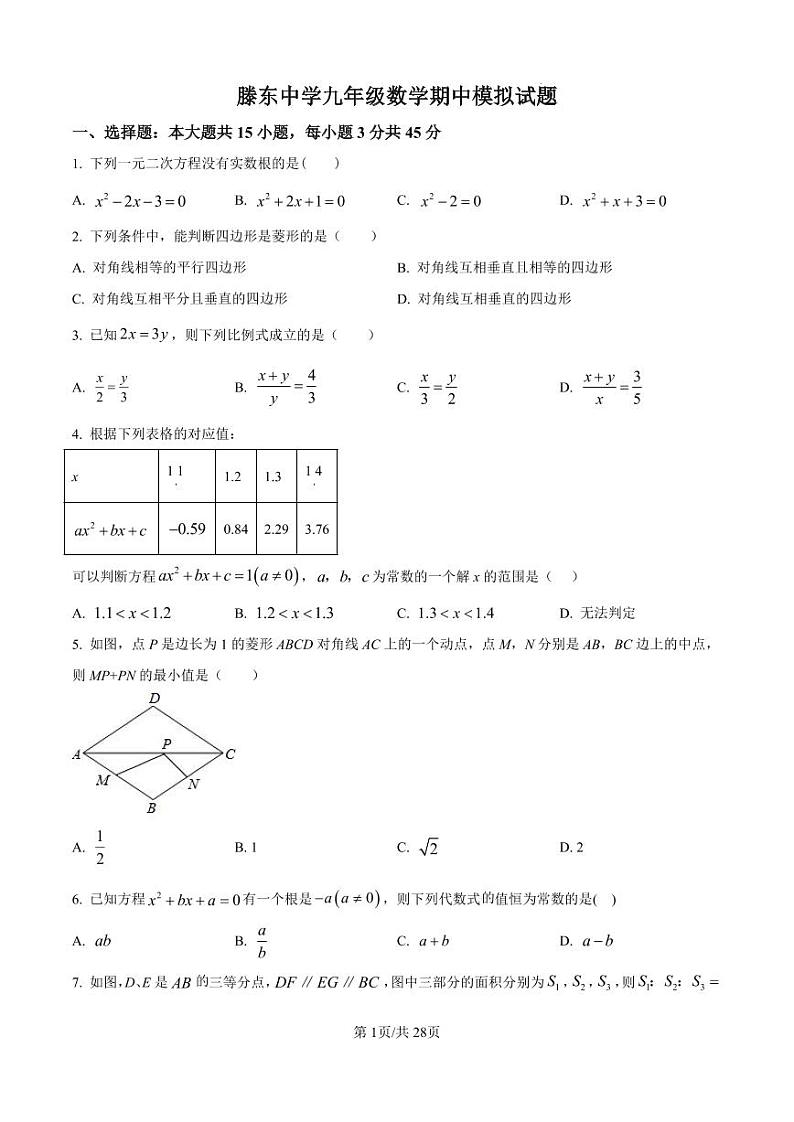 山东省滕州市滕东中学2024-2025学年九年级上学期期中数学试题第1页