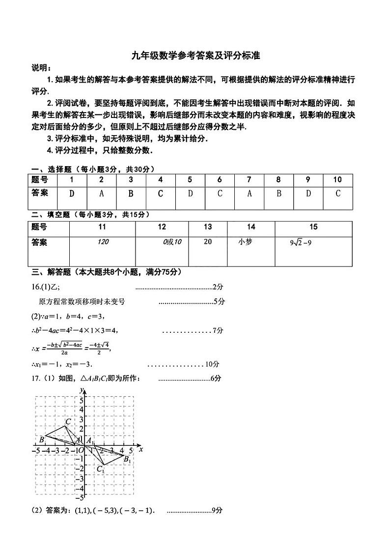 九年级数学答案第1页