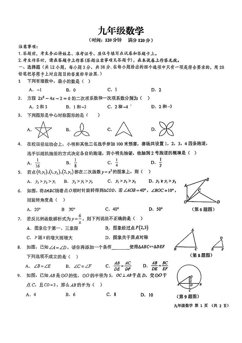 广西南宁市邕宁区民族中学2024—2025学年上学期九年级数学期中考试卷第1页