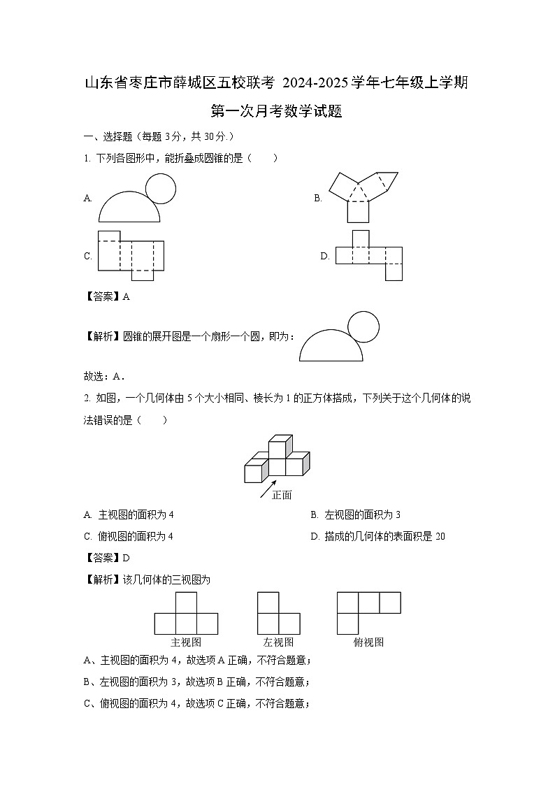 山东省枣庄市薛城区五校联考2024-2025学年七年级上学期第一次月考数学试卷（解析版）第1页