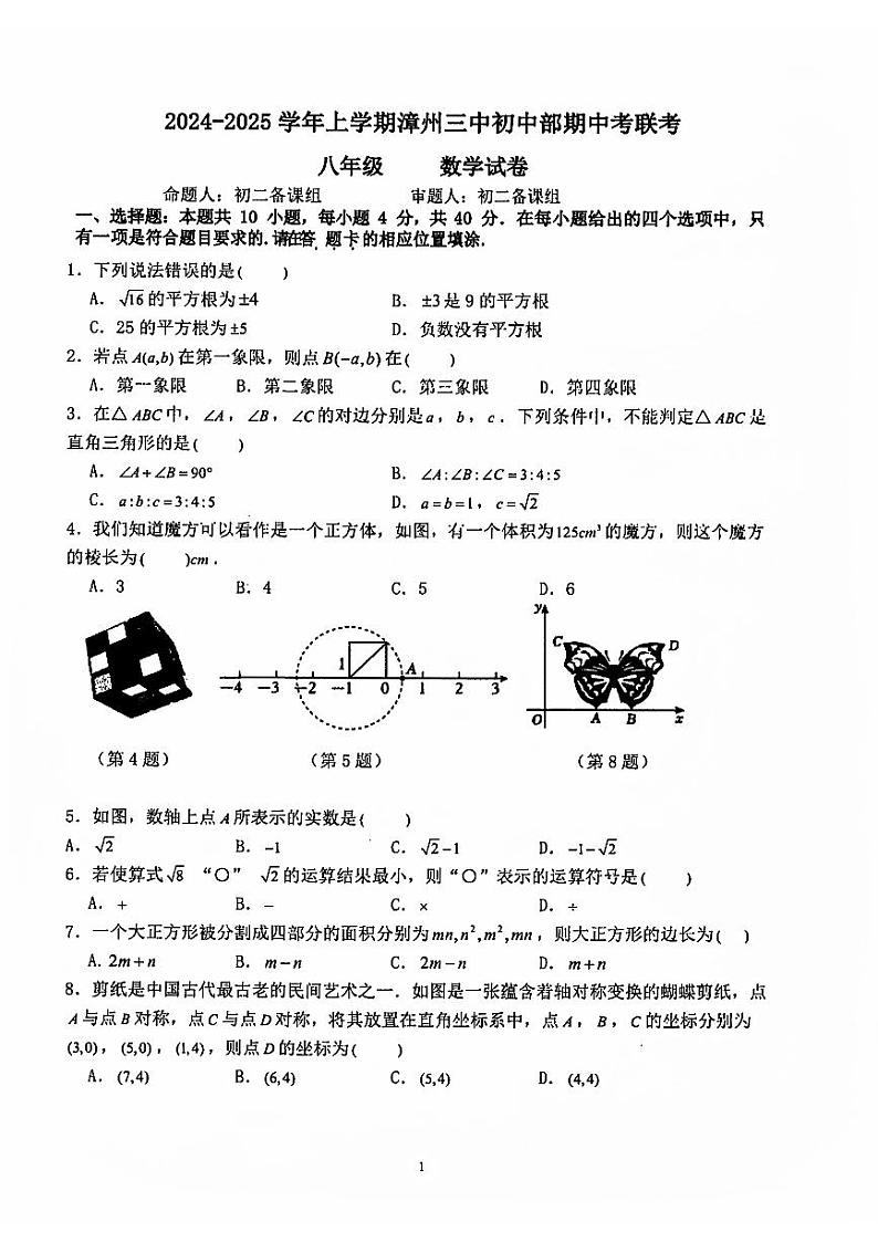 福建省+漳州市第三中学2024-2025学年八年级上学期11月期中数学试题第1页