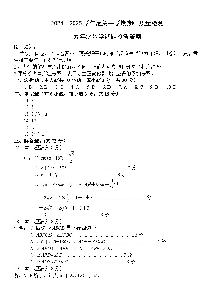 山东省菏泽市单县2024-2025学年九年级上学期11月期中数学试题01