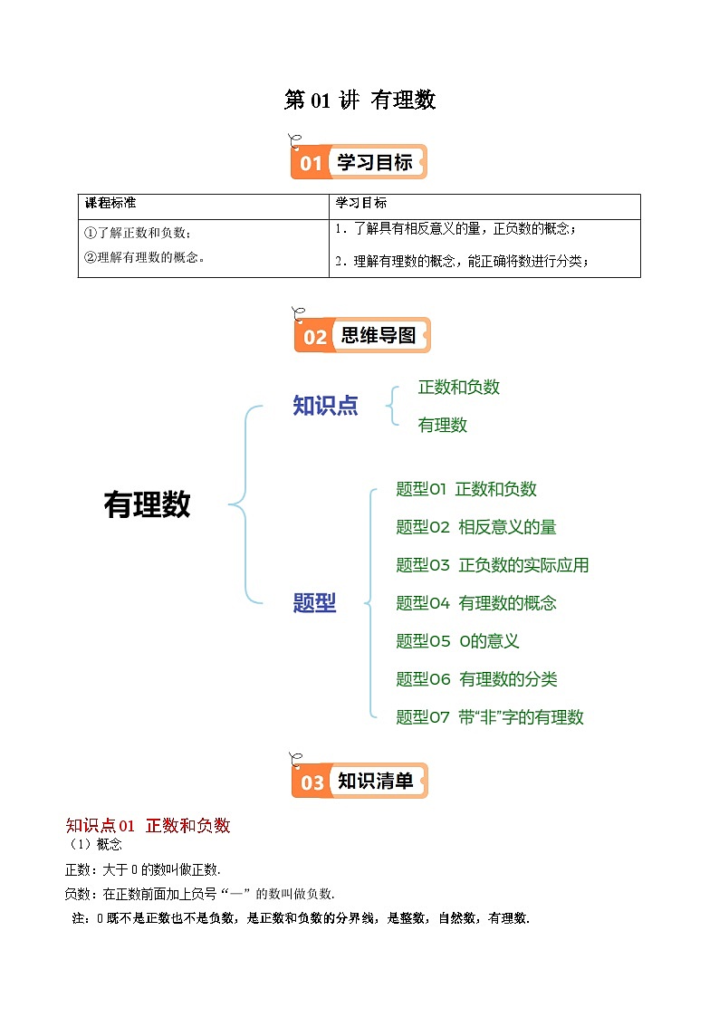 北师大版2024-2025学年七年级数学上册同步讲义第2章第01讲有理数(学生版+解析)第1页