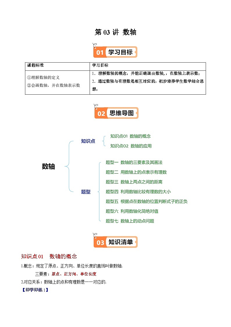 北师大版2024-2025学年七年级数学上册同步讲义第2章第03讲数轴(学生版+解析)第1页