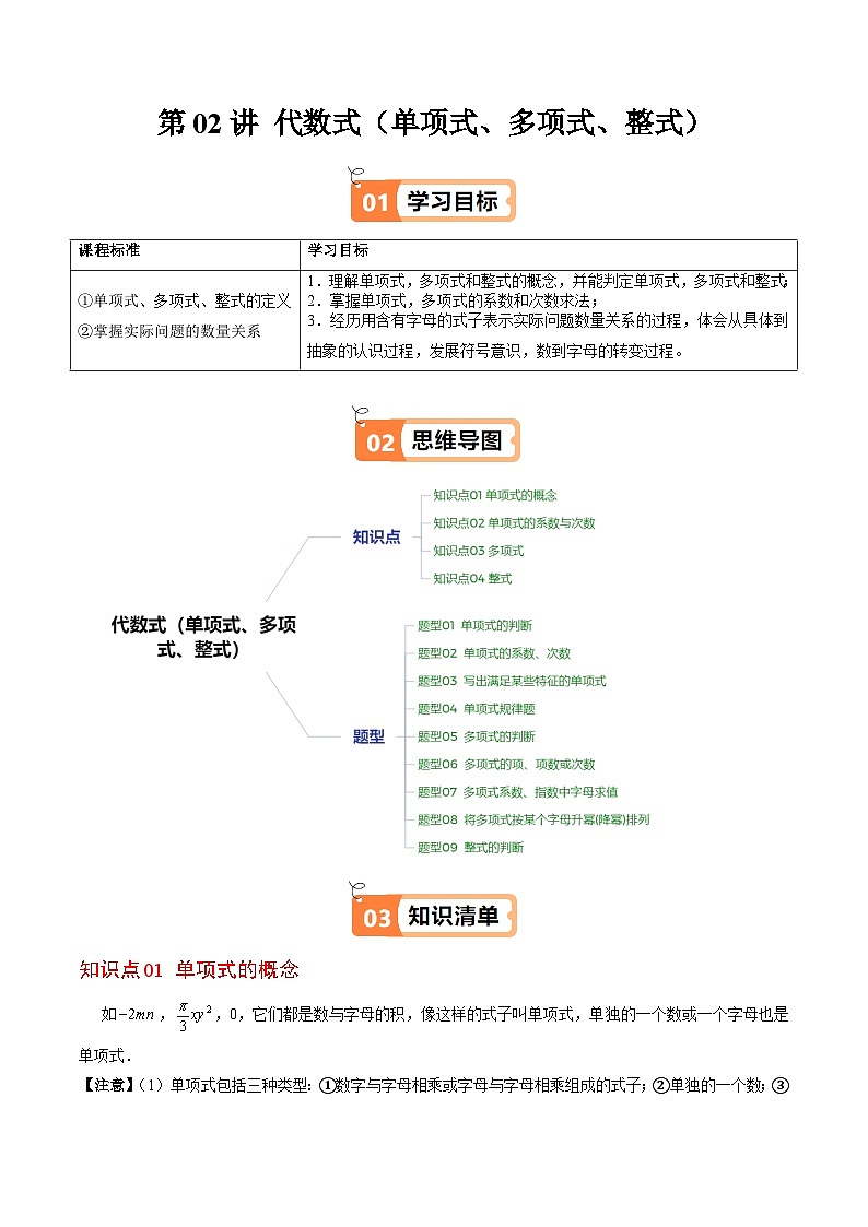 北师大版2024-2025学年七年级数学上册同步讲义第3章第02讲代数式(单项式、多项式、整式)(学生版+解析)第1页