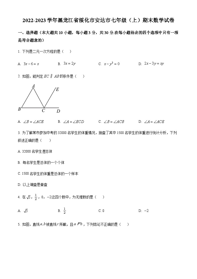 黑龙江省绥化市安达市2022-2023学年七年级上学期期末数学试题（解析版+原卷）第1页