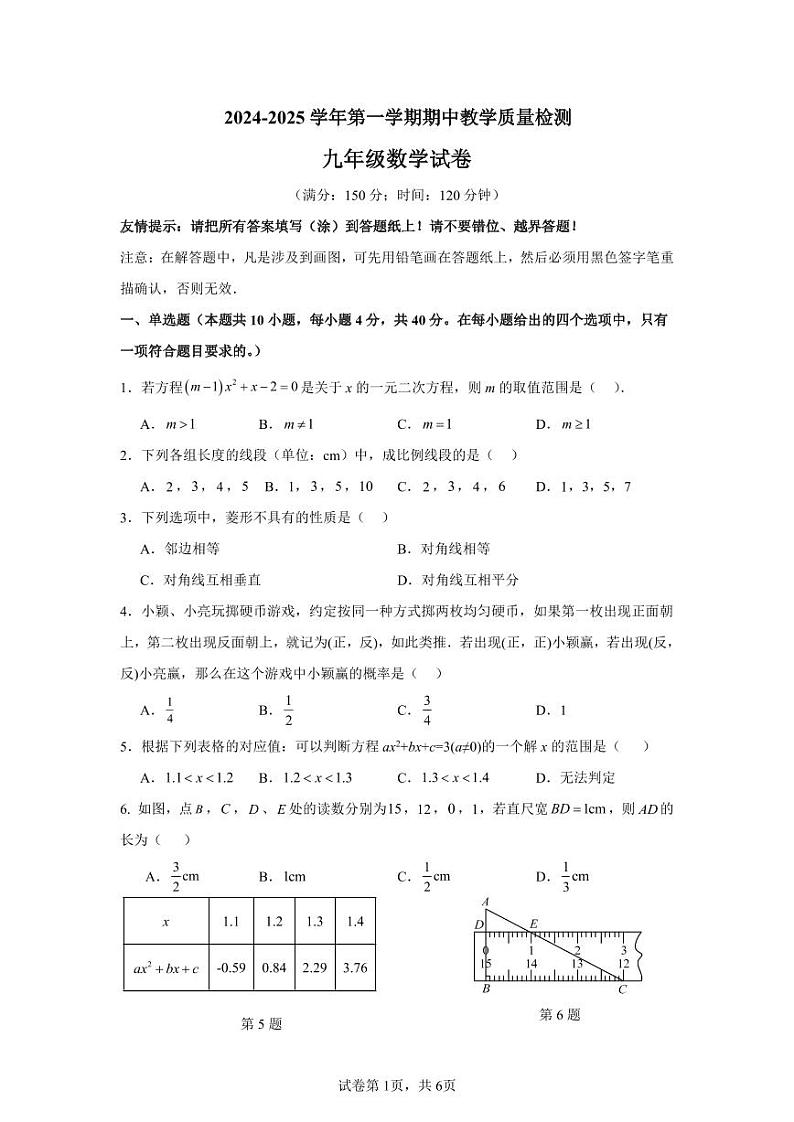 福建省漳州市第一中学芝山校区2024-2025学年九年级上学期数学期中试卷01