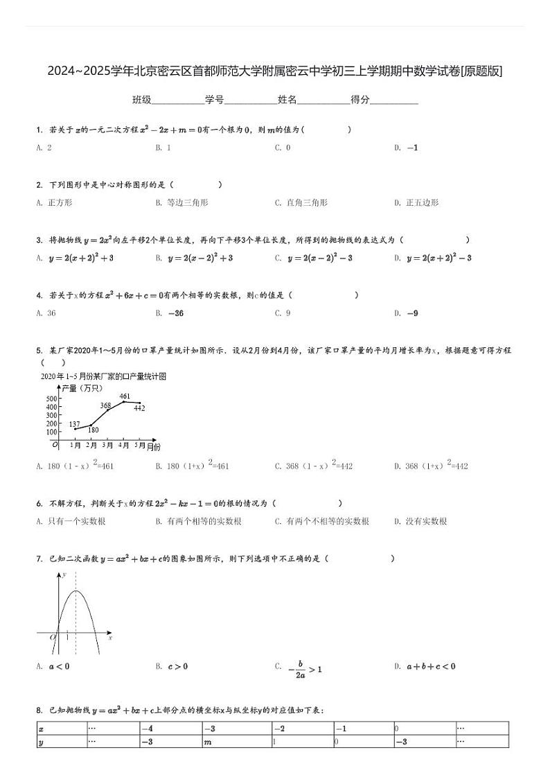 2024～2025学年北京密云区首都师范大学附属密云中学初三上学期期中数学试卷[原题+解析版]第1页