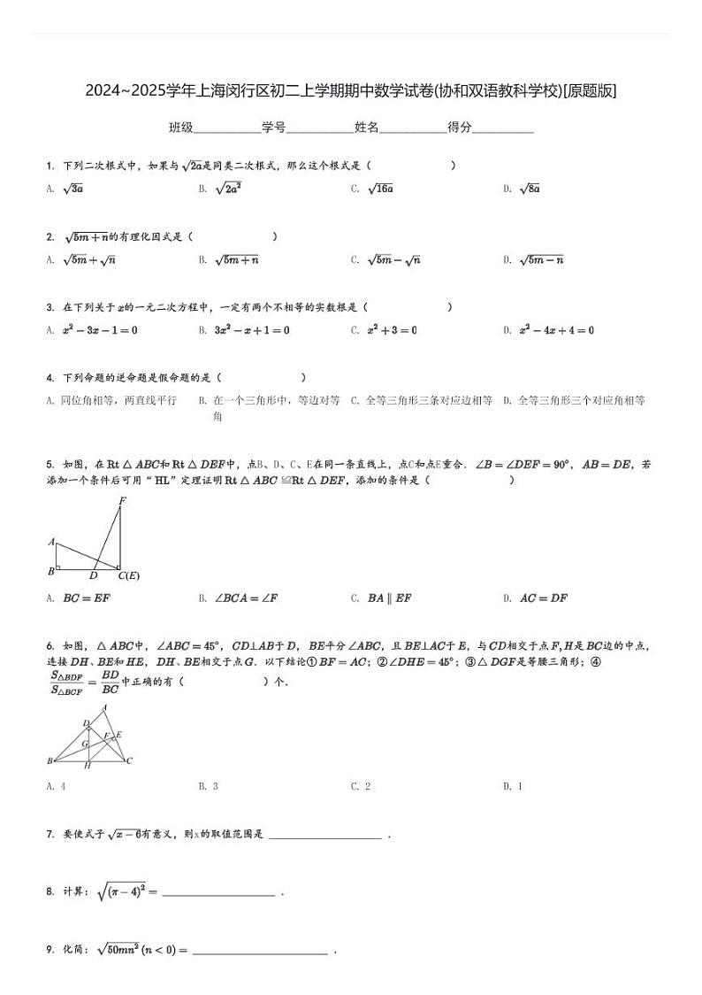 2024～2025学年上海闵行区初二上学期期中数学试卷(协和双语教科学校)[原题+解析版]01