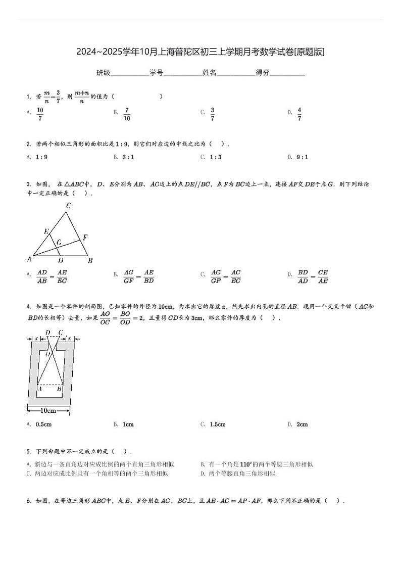 2024～2025学年10月上海普陀区初三上学期月考数学试卷[原题+解析版]第1页