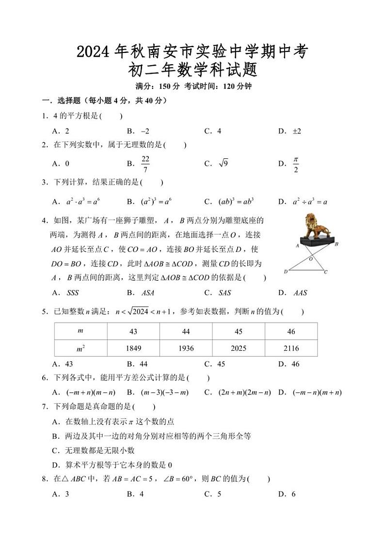 福建省泉州市南安市实验中学2024～2025学年八年级上学期期中考试数学试卷（含详解）第1页