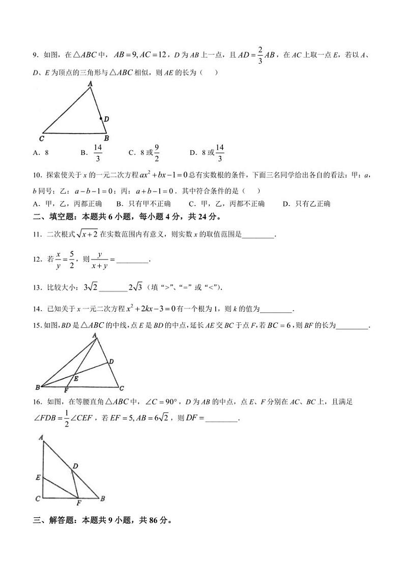 福建省泉州市四校联考2024～2025学年九年级上学期11月期中数学试题（含答案）第2页
