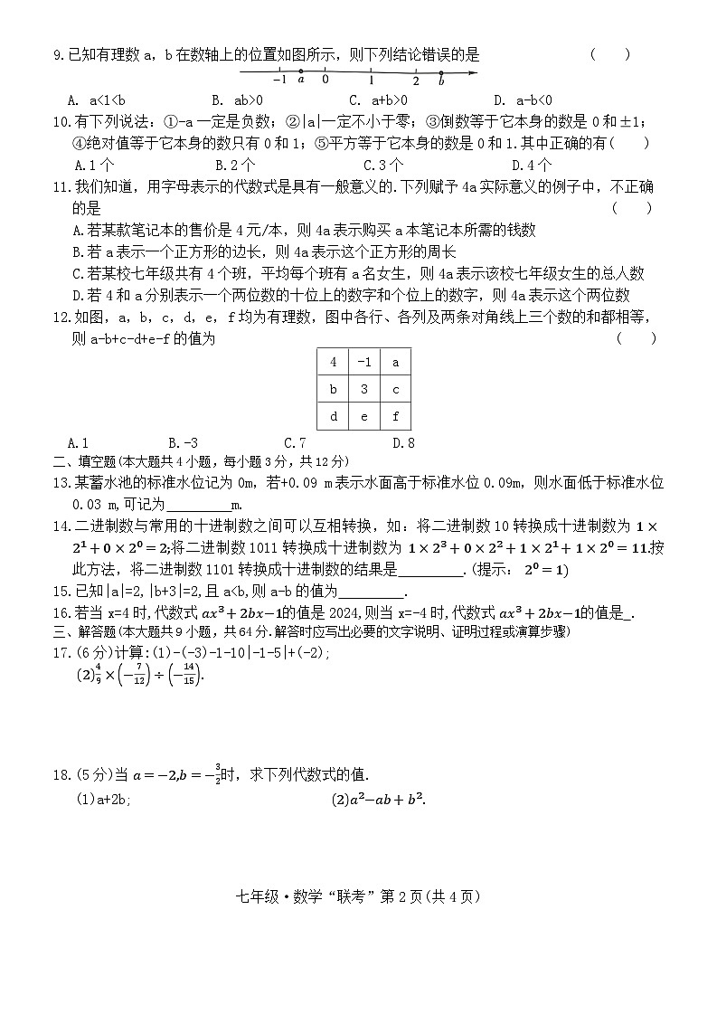 2024—2025学年度第一学期期中质量监测七年级数学第2页