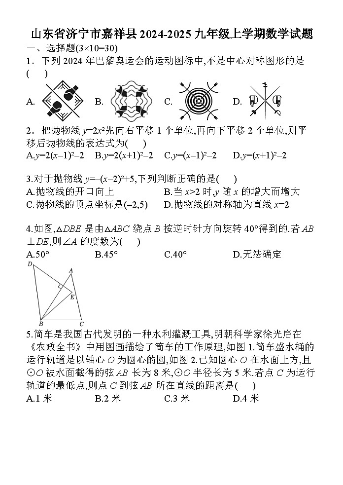山东省济宁市嘉祥县2024-2025学年九年级上学期期中考试数学试题第1页