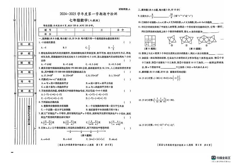 陕西省延安市富县2024-2025学年七年级上学期期中检测数学试卷第1页