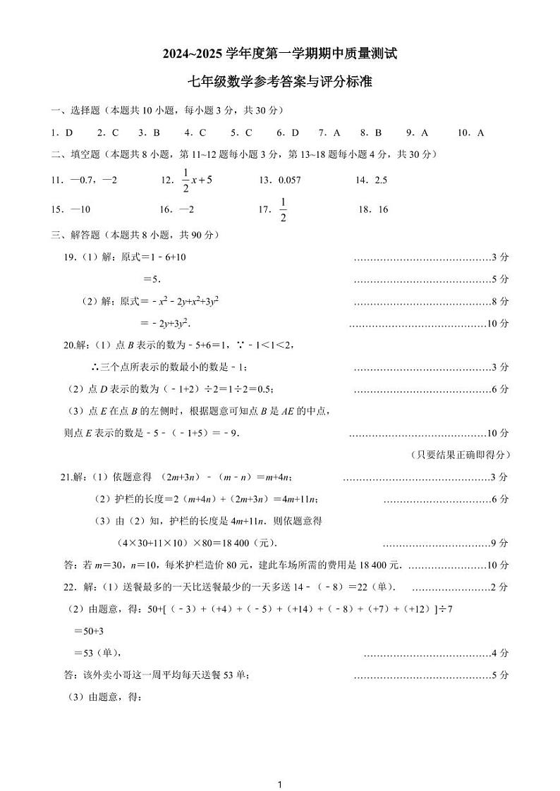 2024-2025学年第一学期七年级期中数学参考答案与评分标准第1页